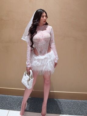White Lace Feather Set bodysuit and skirt